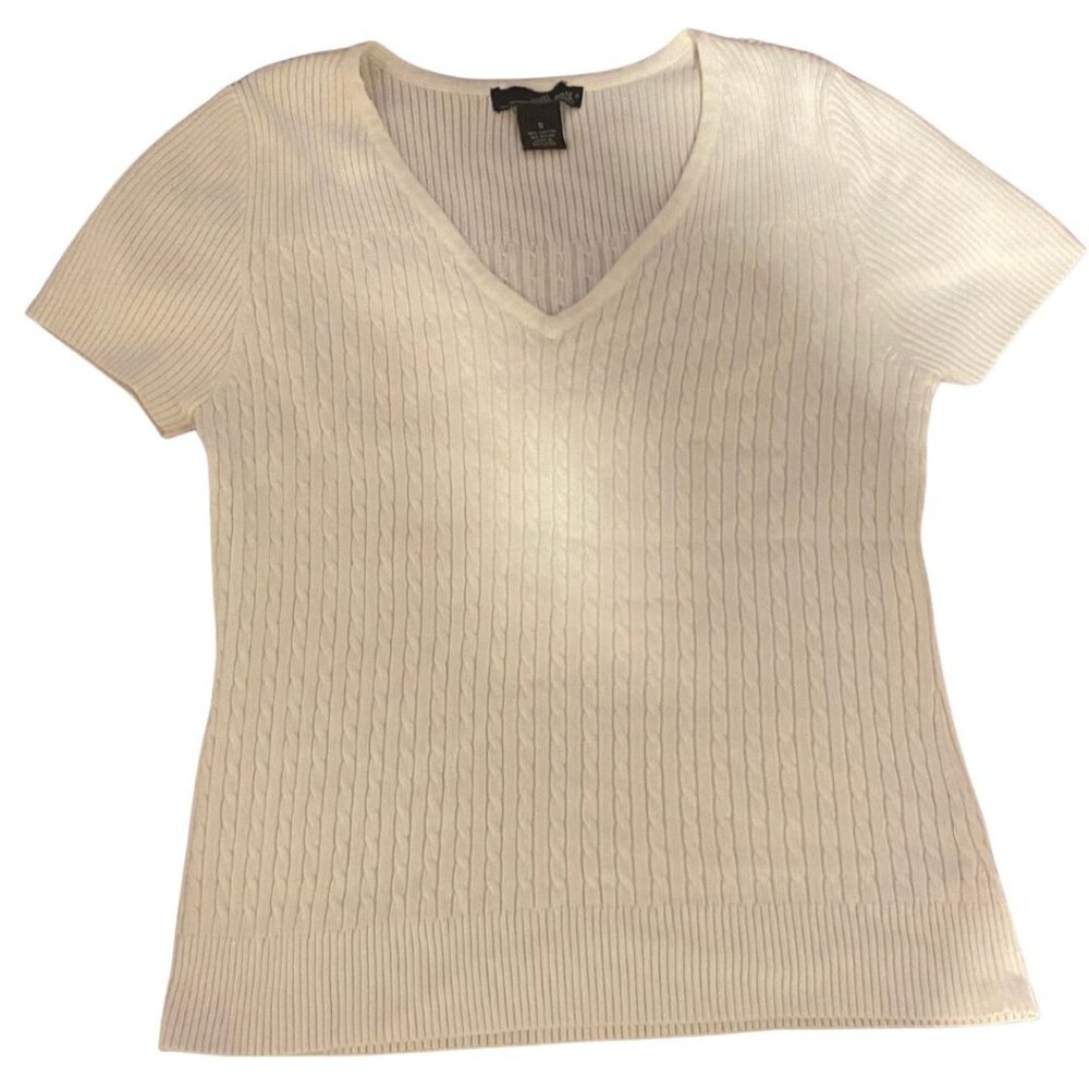 Vintage White Short-Sleeve Cable Knit Sweater Material Top